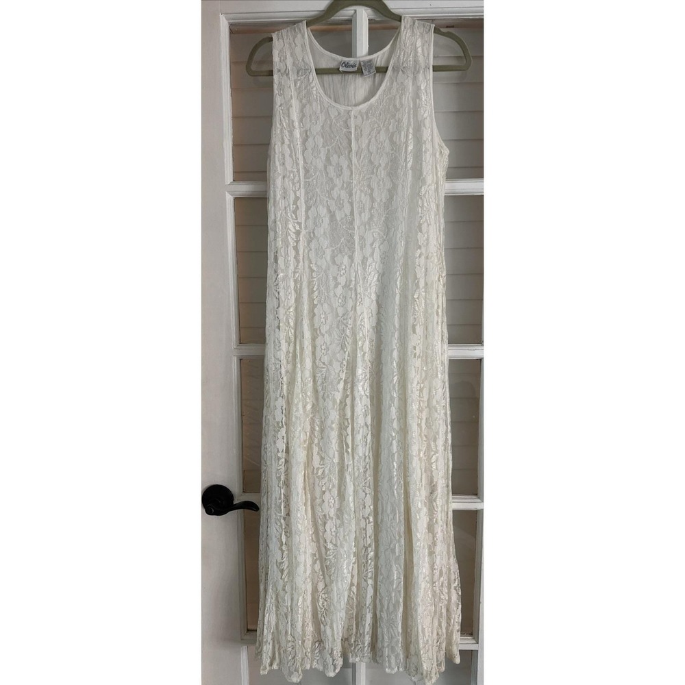 Vintage Ivory lace Maxi Floral Lined Fairy Cottage core A-line Dress Wedding